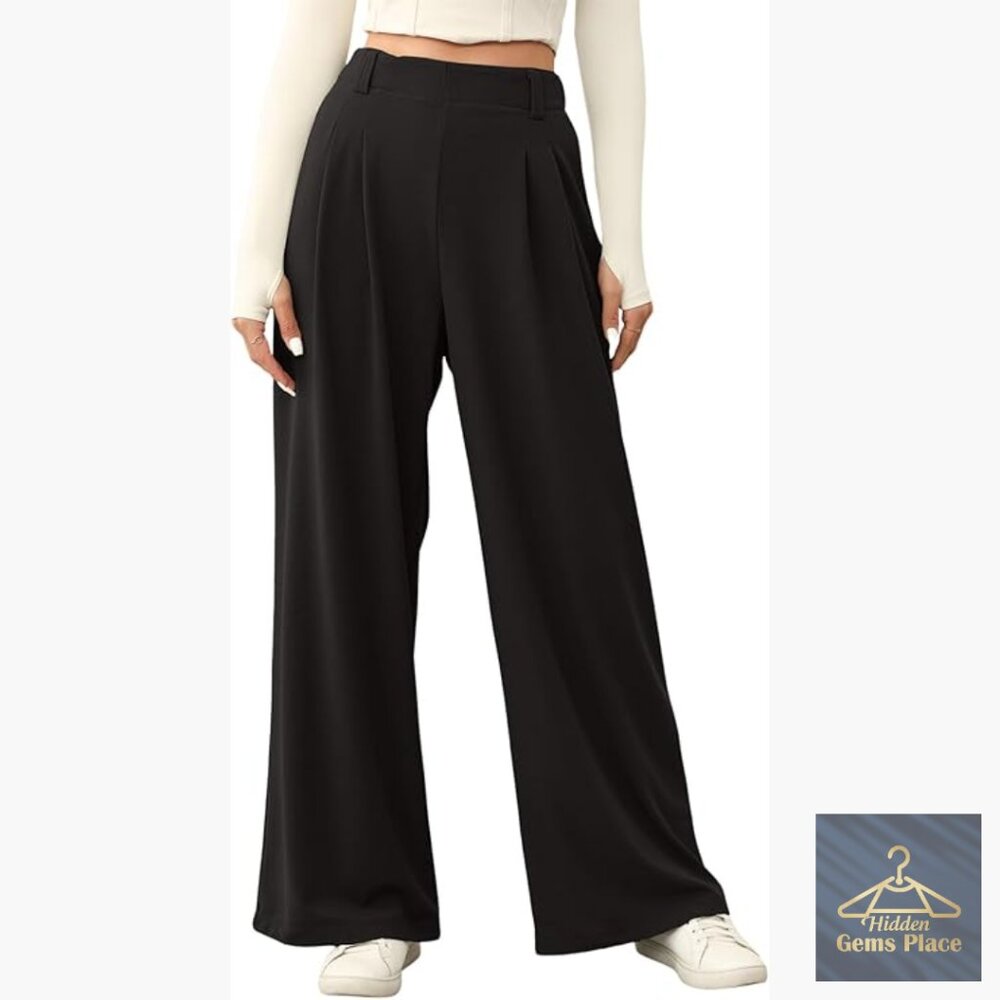 Wide Leg Palazzo Pants Elastic High Waist Waffle Knit Business Casual Trousers